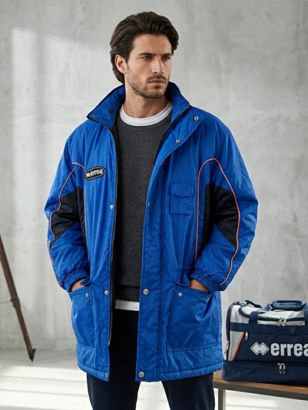 Errea Italia Men's SZ XL Blue Full Zip Pockets Quilted Lined Hood Winter Jacket